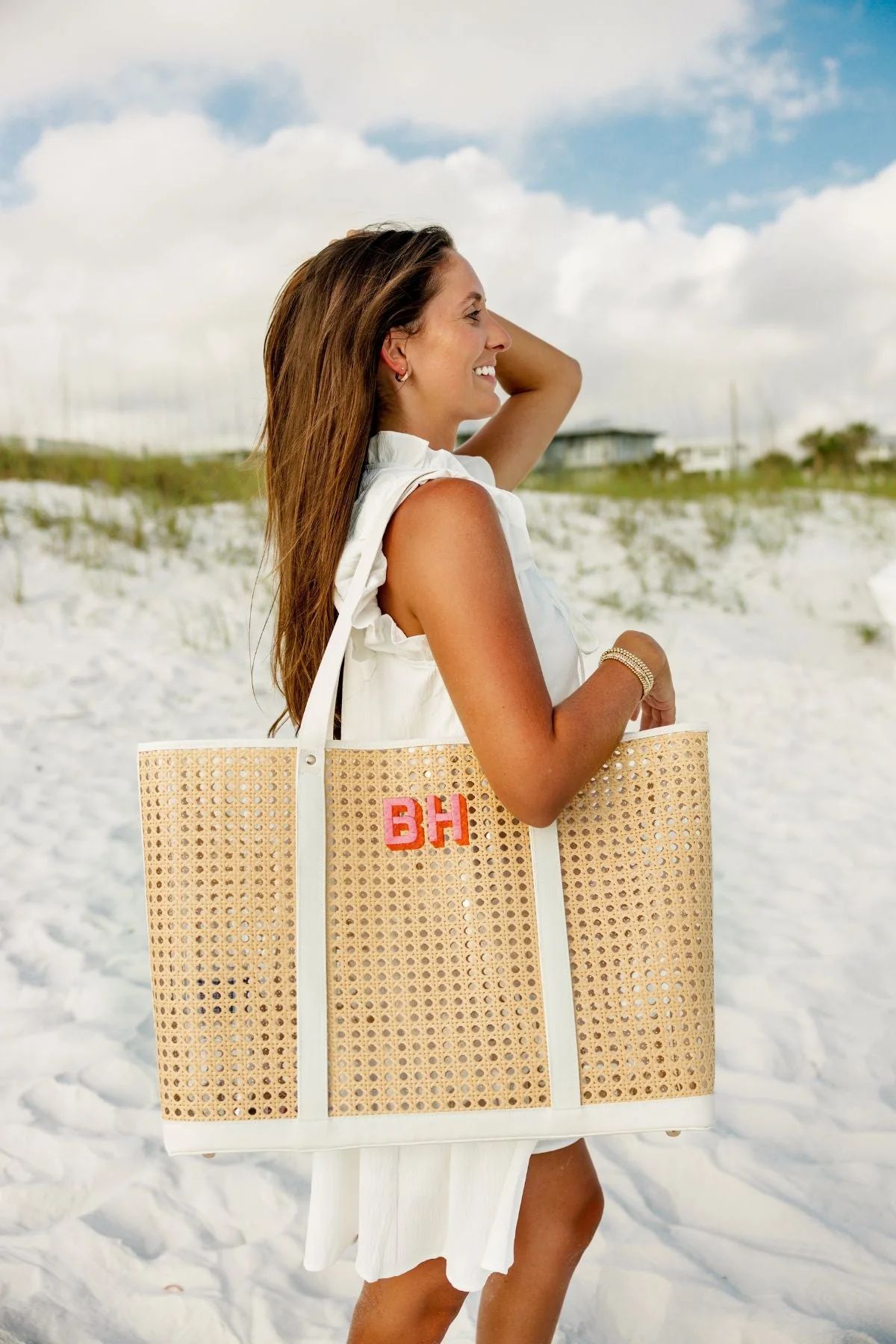 Embroidered Monogram Cane Tote | Sprinkled With Pink