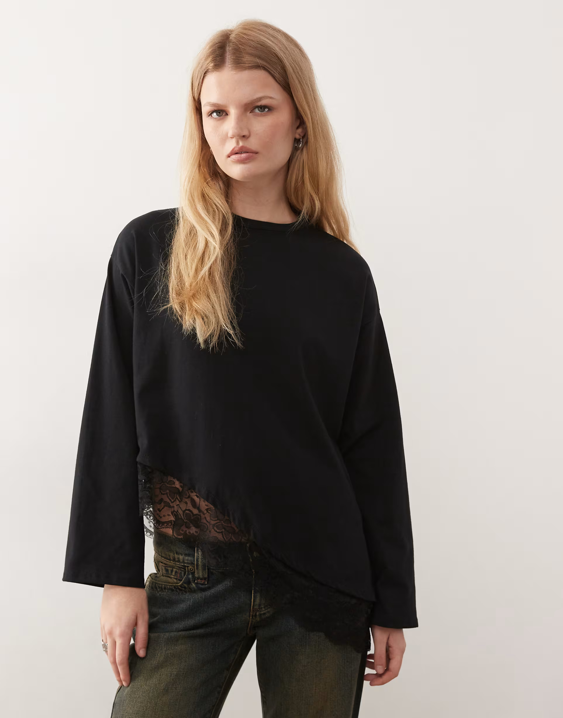 Reclaimed Vintage long sleeve top with lace asymmetric hem in black | ASOS | ASOS (Global)