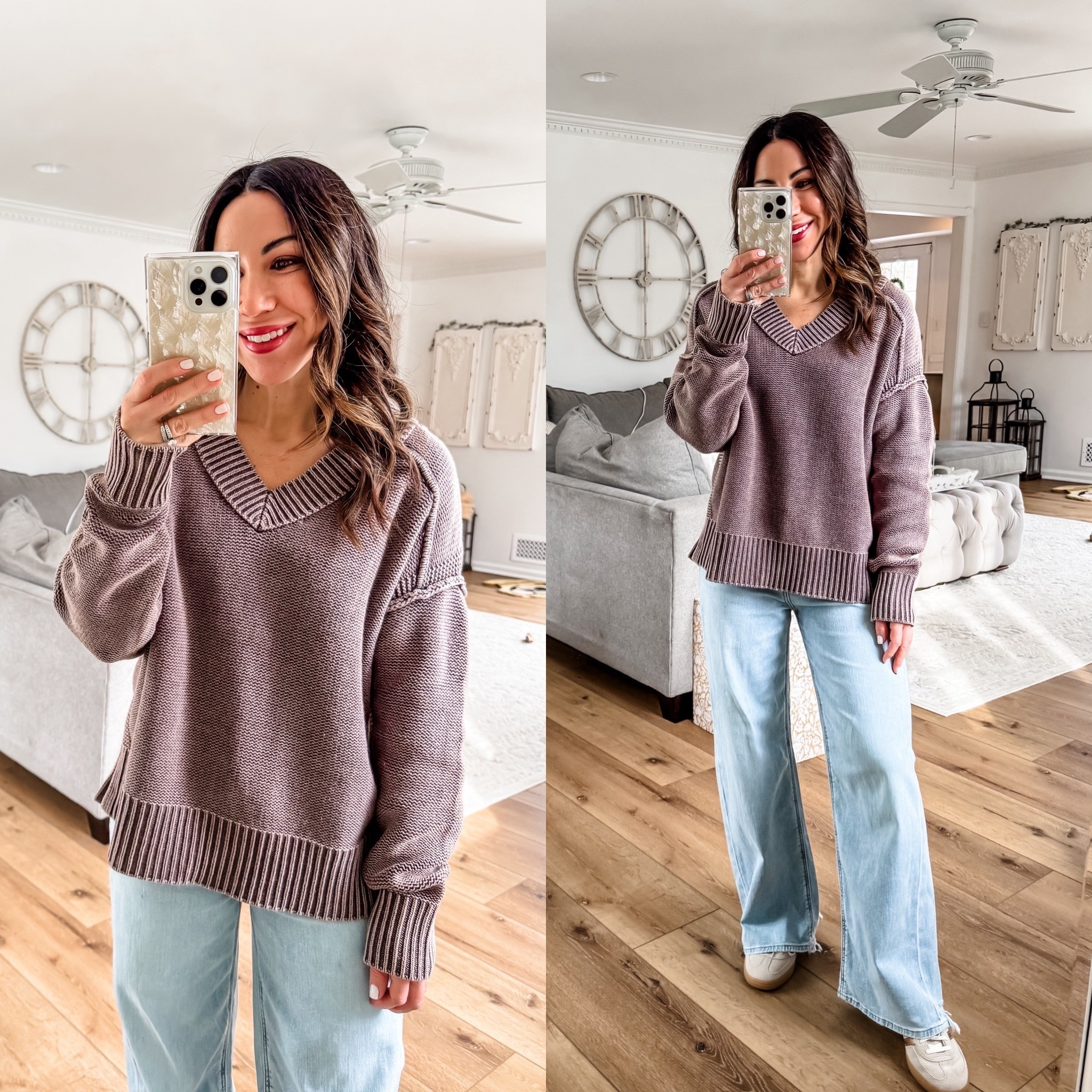 Brown V-neck sweater small. Baggy jeans 0 short 



#LTKFindsUnder50 #LTKPetite #LTKSaleAlert