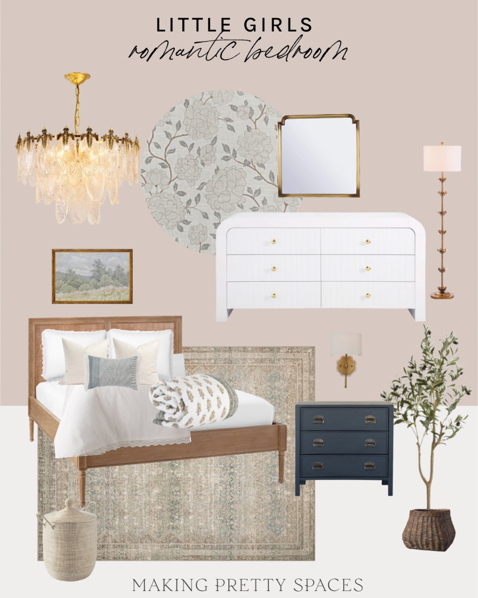 Little girls romantic bedroom
Cane bed, white dresser, blue nightstand l, faux tree, lamp, chandelier, mirror, area rug

#LTKkids #LTKstyletip #LTKhome