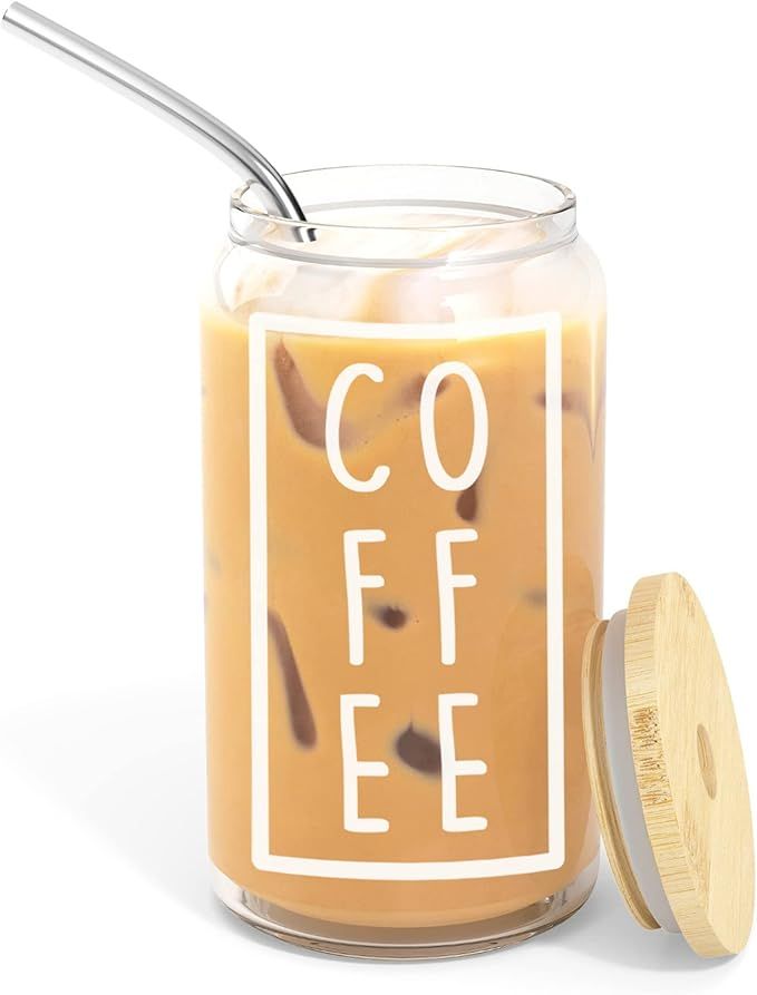 16 oz Iced Coffee Cup with Bamboo Lids and Straws | Mason Jar Cups & Iced Coffee Tumbler with Lid... | Amazon (US)