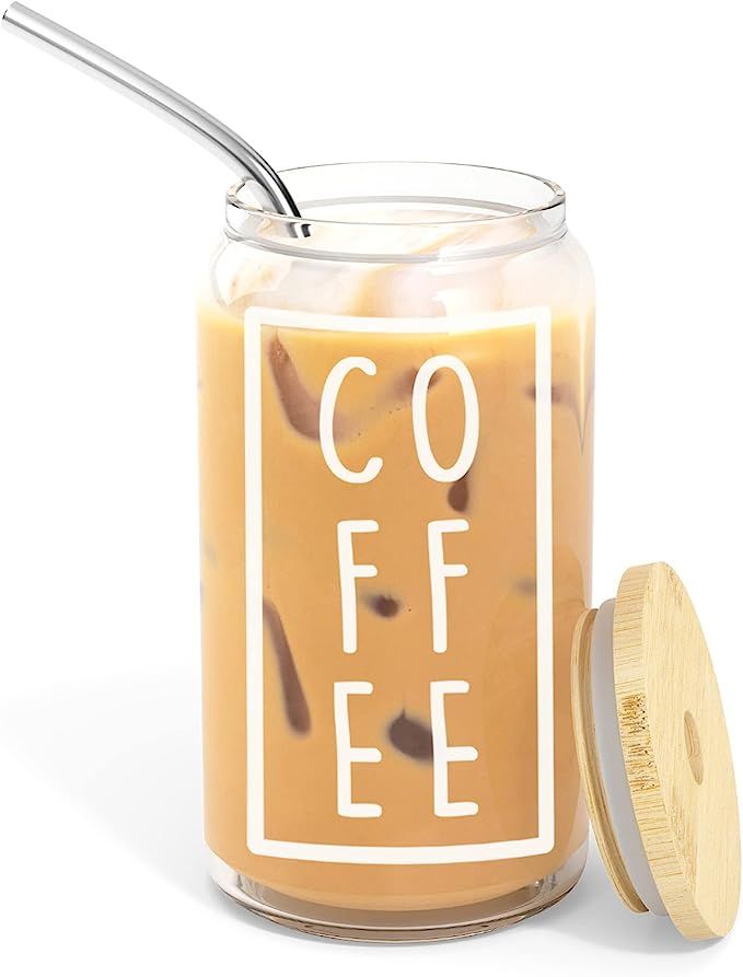 16 oz Iced Coffee Cup with Bamboo Lids and Straws | Mason Jar Cups & Iced Coffee Tumbler with Lid... | Amazon (US)