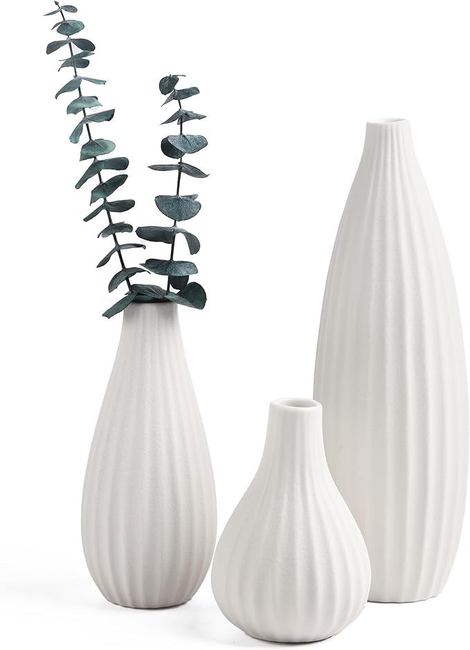 White Ceramic Vase Set of 3-Delicate and Simple Farmhouse Home Decor, Suitable for Living Room De... | Amazon (US)