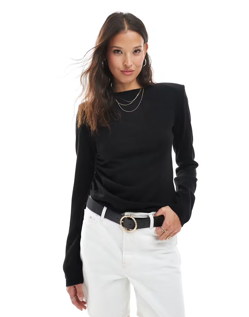 ASOS DESIGN knit t-shirt with shoulder pads in black-White | ASOS (Global)