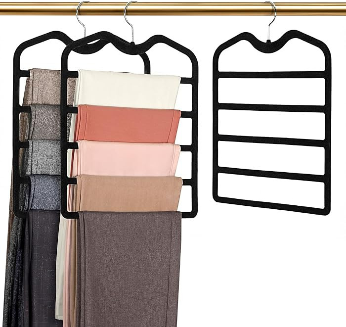 Pants Hangers Space Saving,3 Pack Velvet Short Neck Pants Hangers,5 Tier Space Saving Velvet Hang... | Amazon (US)