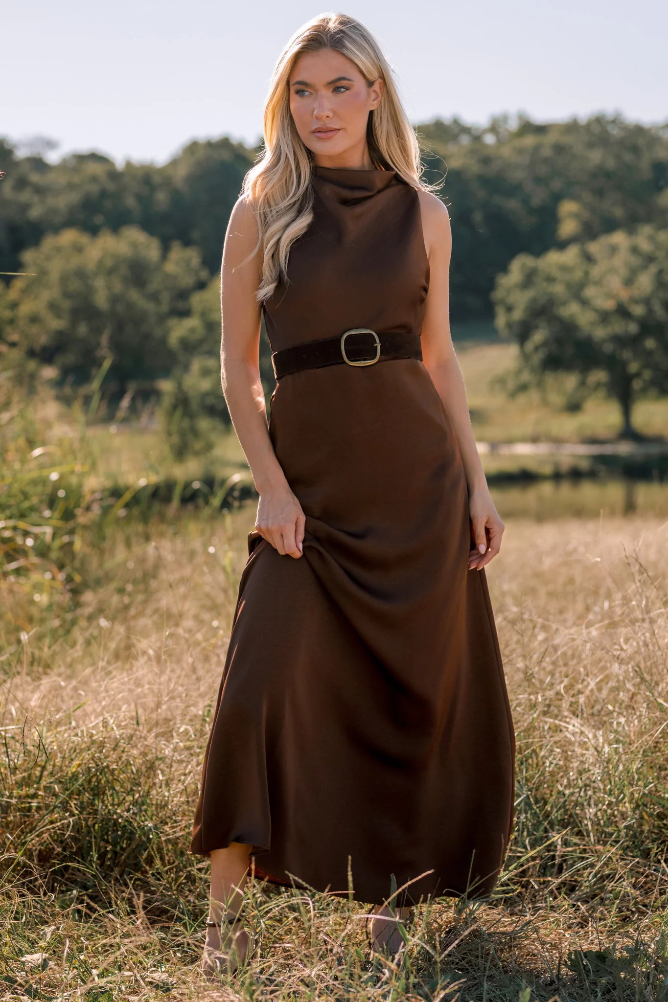 Until We Meet Again Brown Satin Mock Neck Maxi Dress M / Brown | Red Dress