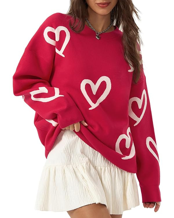 Saodimallsu Womens Oversized Heart Sweater Crew Neck Long Sleeve Knit Cute Valentines Pullover Sw... | Amazon (US)