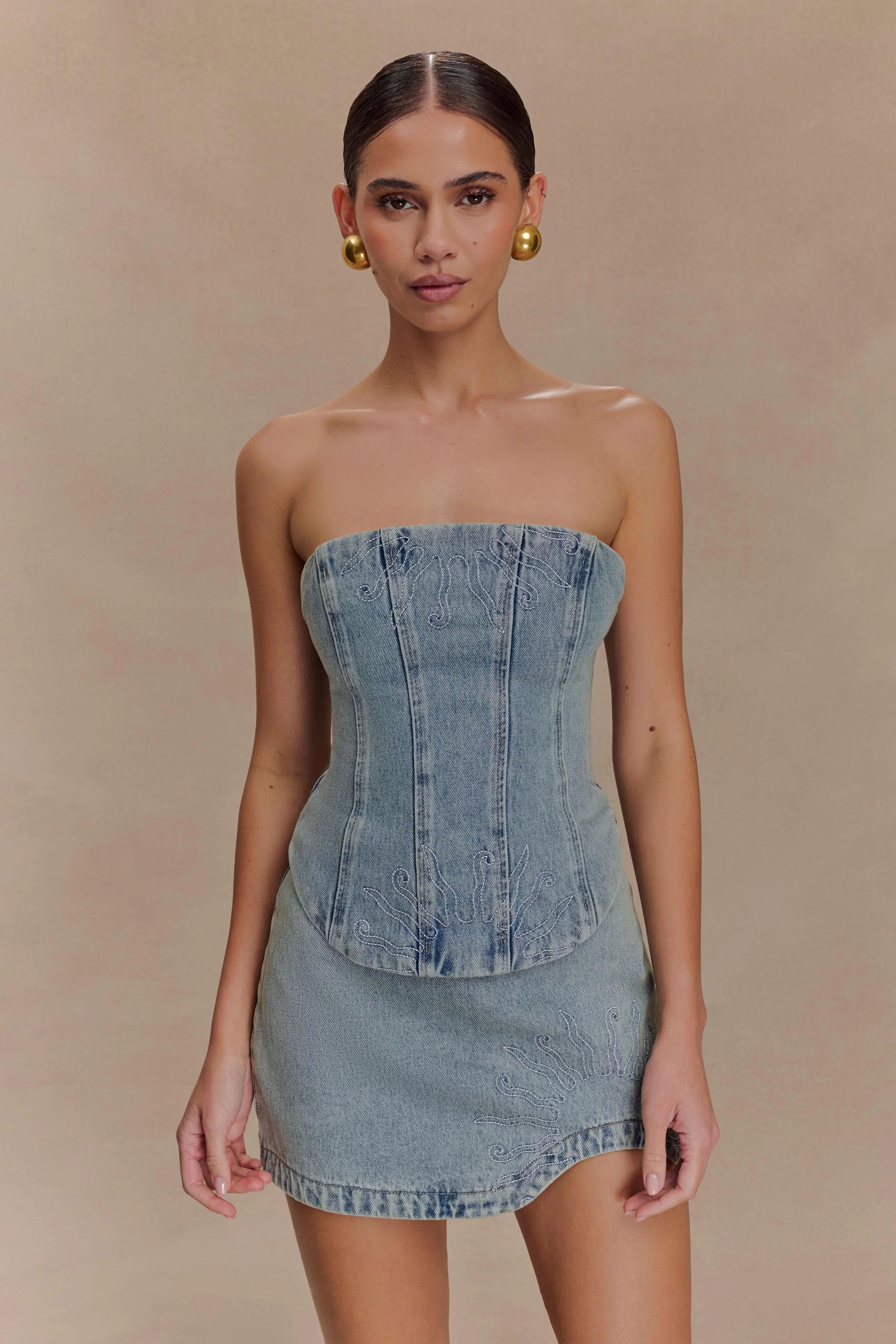 Alessia Embroidered Denim Corset - Light Vintage | MESHKI US
