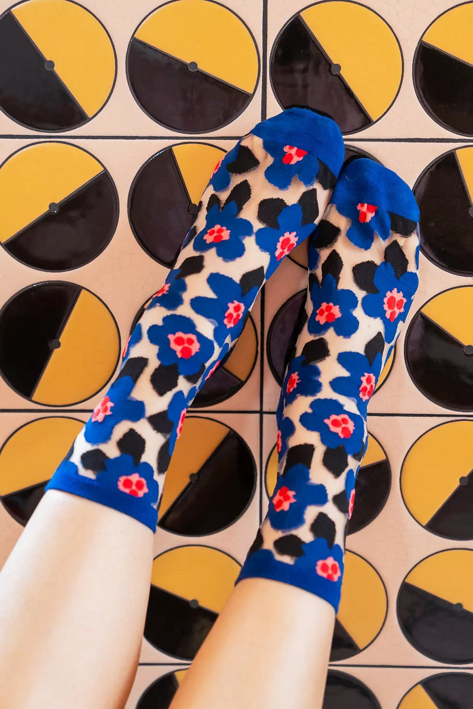 Sock Candy Bold Blue Floral Sheer Sock | Urban Outfitters (US and RoW)