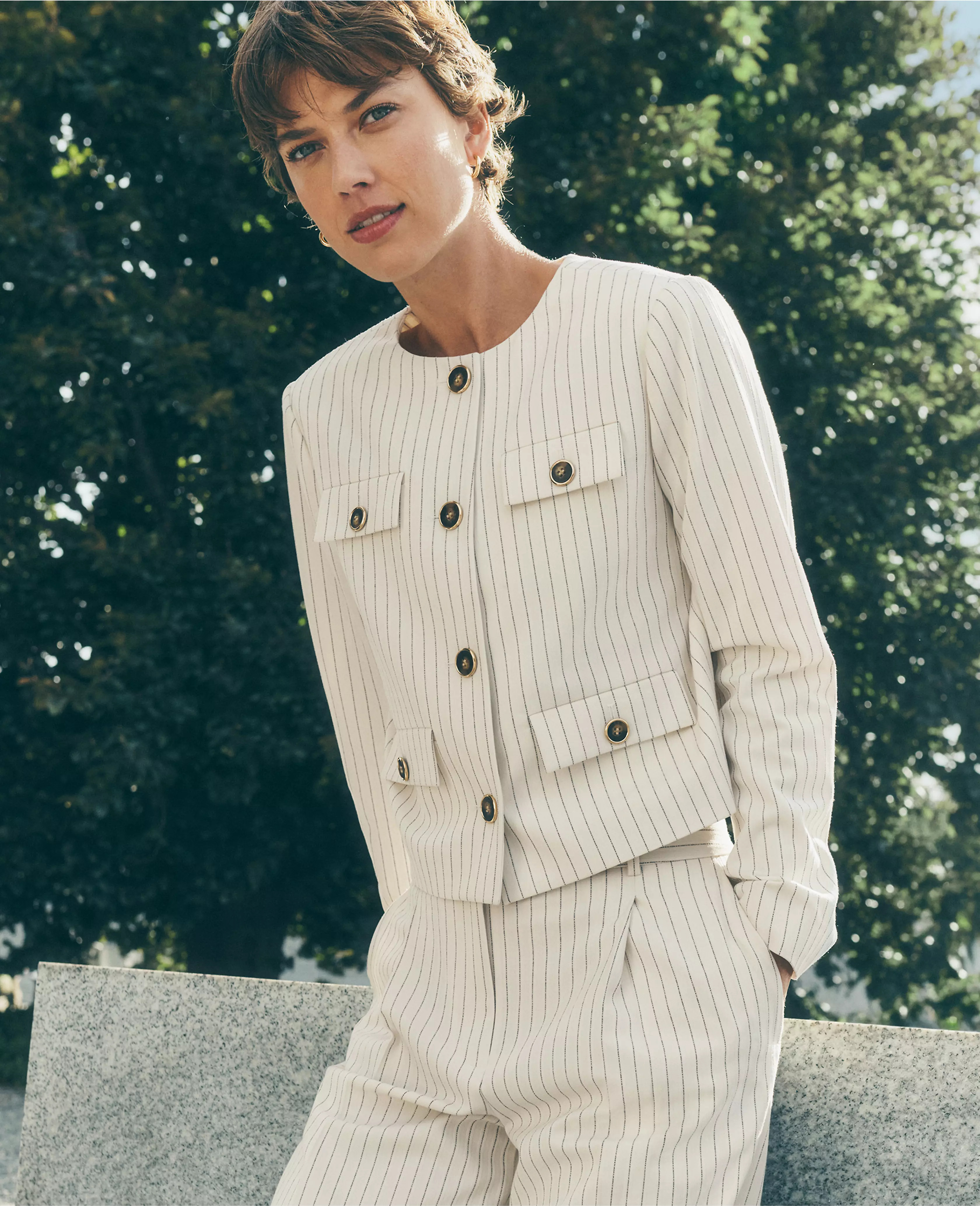 Petite Pinstripe Crew Neck Jacket | Ann Taylor