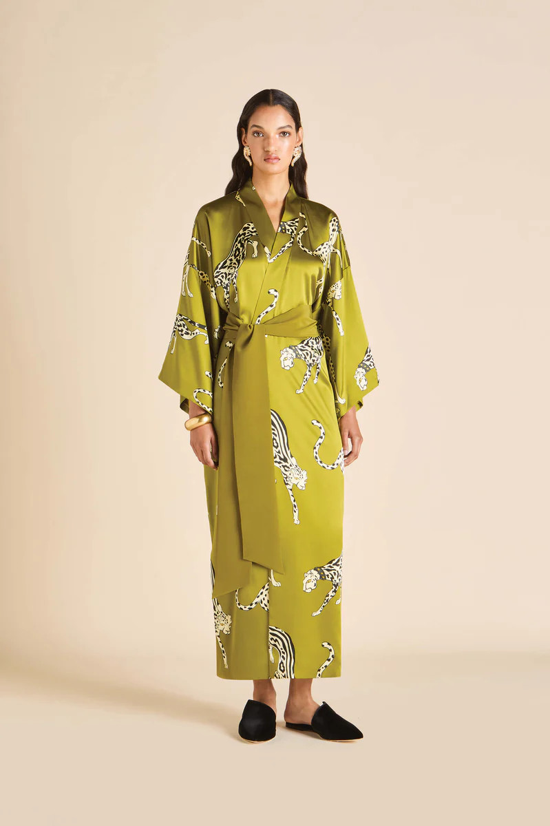 Queenie Chanson Green Leopard Robe in Silk Satin | Olivia von Halle