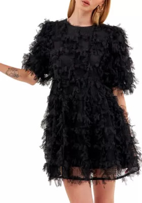 Endless Rose Gridded Mesh Feathered Puff Sleeve Mini Dress | Belk