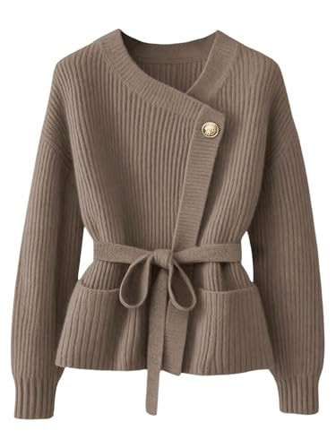 Verdusa Women's Old Money Ribbed Knit Cardigan Long Sleeve Asymmetrical Belted Sweaters | Amazon (US)