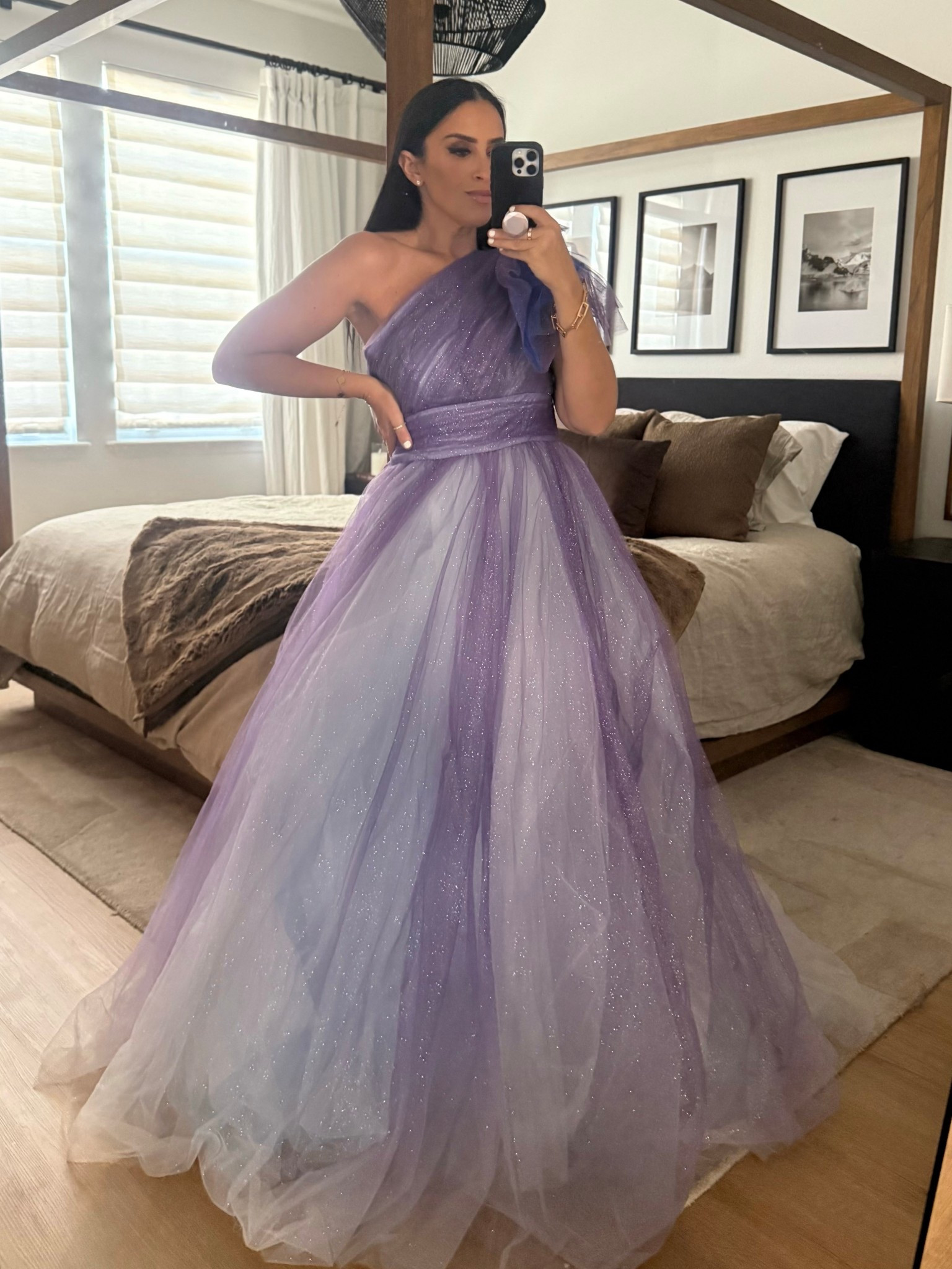 Mac Duggal Glitter Ombre Ruffled One Shoulder Ballgown wearing size 6