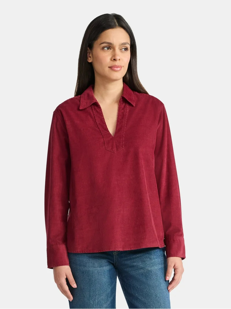 Time and Tru Women's Cotton Corduroy Popover Shirt with Long Sleeves, Sizes XS-XXXL | Walmart (US)