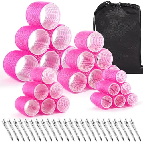 shynek Hair Rollers 48 Pcs Set, 24Pcs Hair Rollers 4 Sizes and 24 Pcs Hair Clips for Long Medium Short Hair (Pink) | Amazon (US)