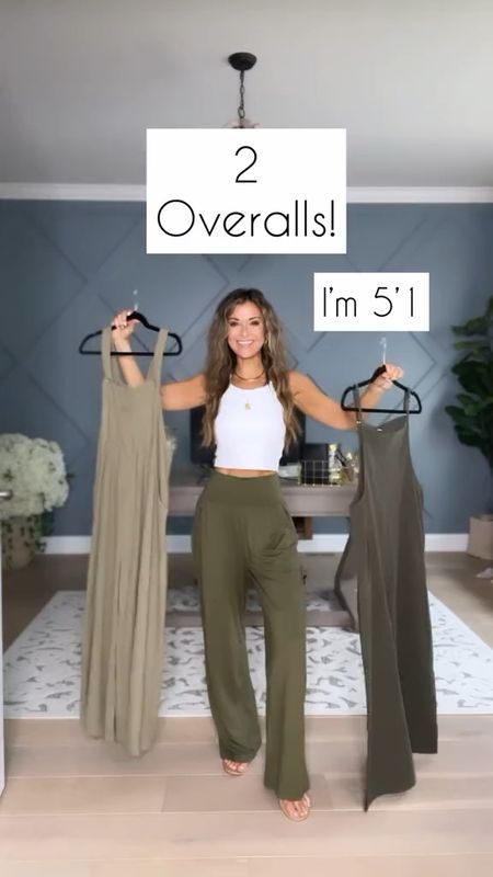 Overalls//left//size small//adjustable button straps (2 settings)//right//size xs//adjustable straps//5'1//olive green is darker in person than stock photo// both come in several colors//sandals//sized up 1/2//sports bra top// size small//wide leg pants//so comfy//tad long and big on me but work//size small//stick w true size//

#LTKSaleAlert #LTKFindsUnder50