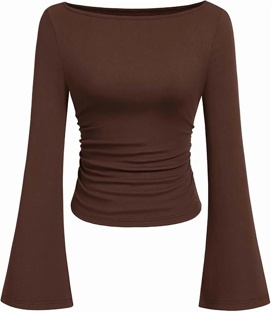 PRETTYGARDEN Women's Long Sleeve Shirts Fall Going Out Tops Casual Boat Neck Bell Sleeve Ribbed R... | Walmart (US)