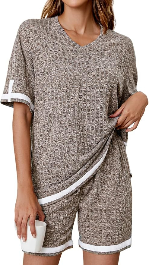 Anbech Womens Pajamas 2 Piece Ribbed Knit Lounge Sets Loose Tops Shorts Matching Loungewear | Amazon (US)