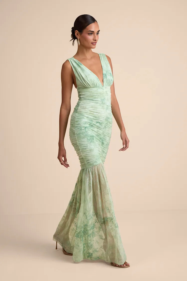 Jamie Mint Green Floral Mesh Sheer Hem Maxi Dress | Lulus