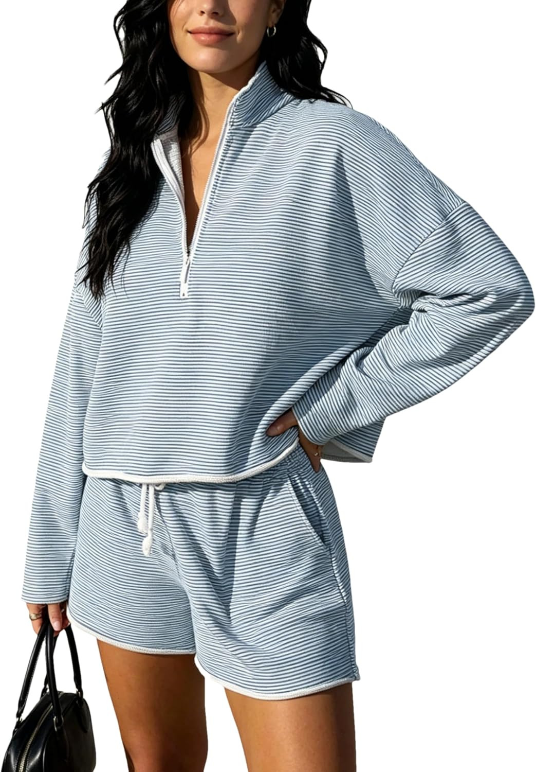 Bozanly Two Piece Outfits for Women Trendy Long Sleeve Tops Shorts Set | Lounge Set, Quarter Zip Sweatshirt, Pockets, Wide Leg Shorts, Solid Color & Striped, Casual, Dressy, Spring, Summer, Fall | Amazon (US)