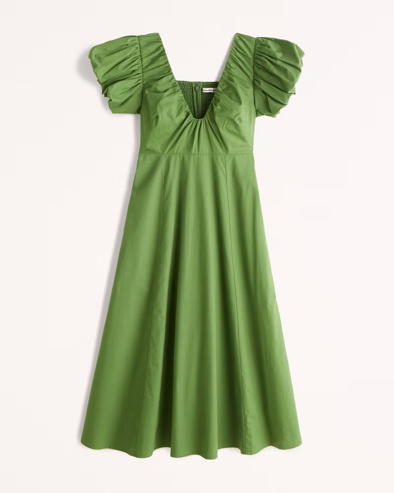 Puff Sleeve Plunge Midi Dress | Abercrombie & Fitch (US)