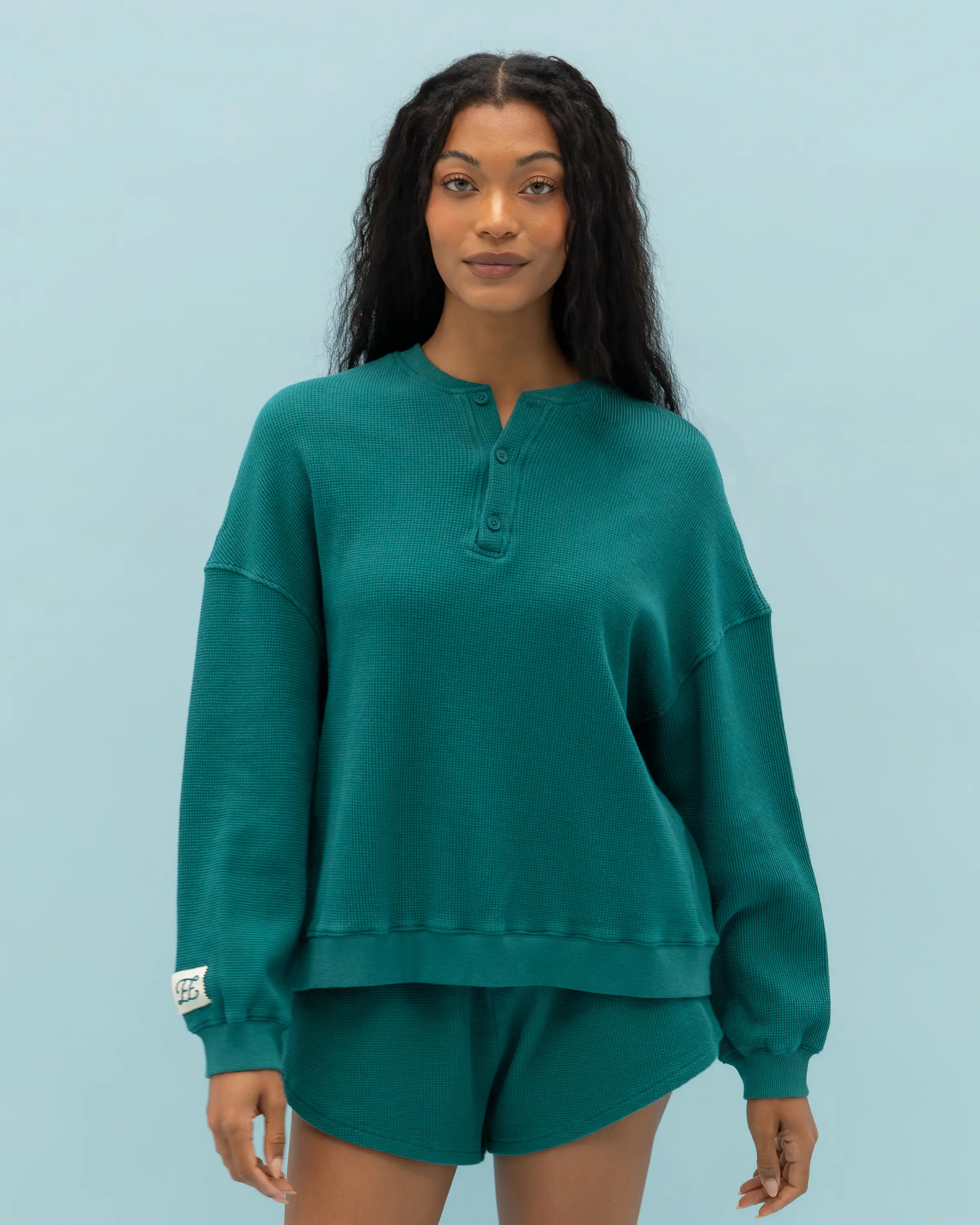 Waffle Henley Long Sleeve in Jade | Eleven Eleven