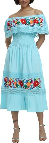 YZXDORWJ Women Embroidered Mexican Peasant Casual Sexy Lace Off-Shoulder Long Dress (XL, 348BBL) | Amazon (US)