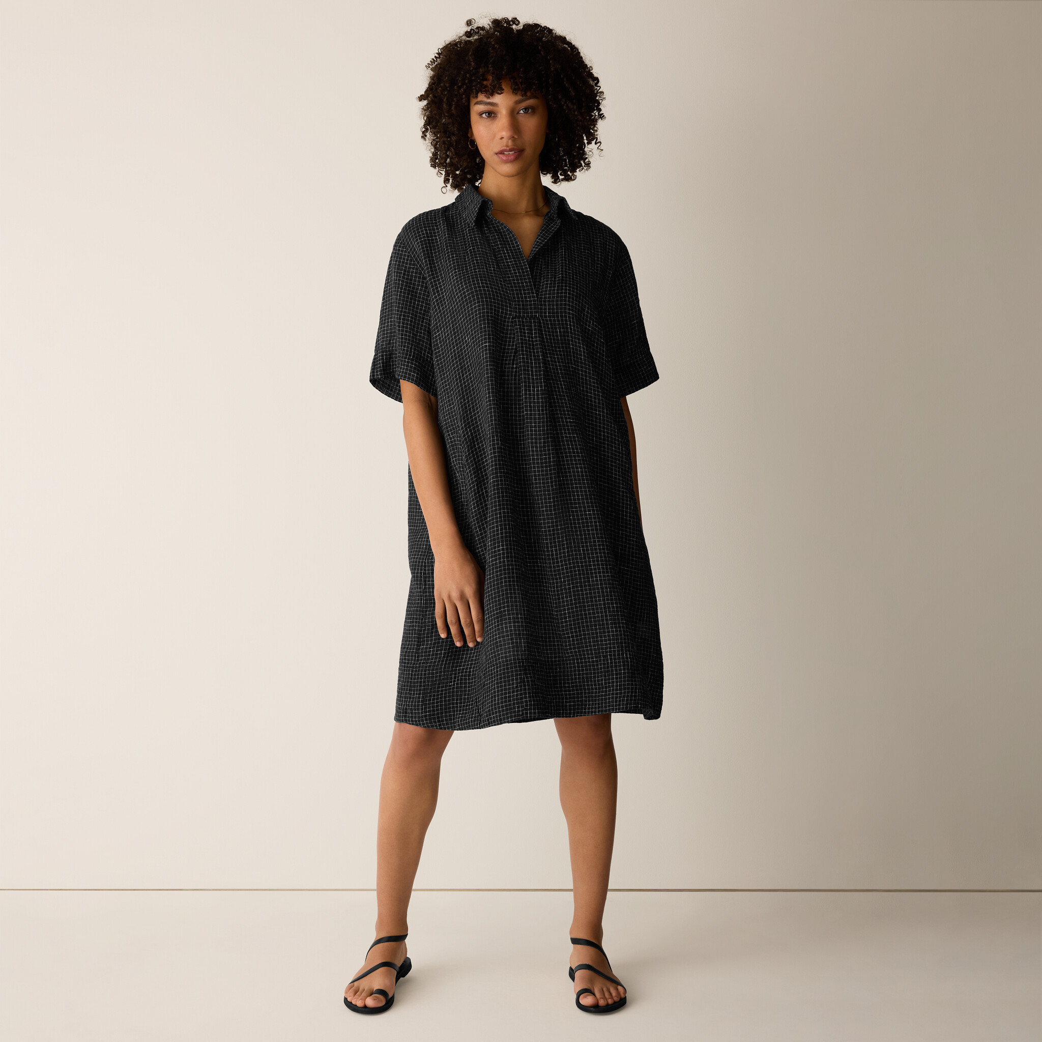 Puckered Organic Linen Grid Classic Collar Dress | Eileen Fisher