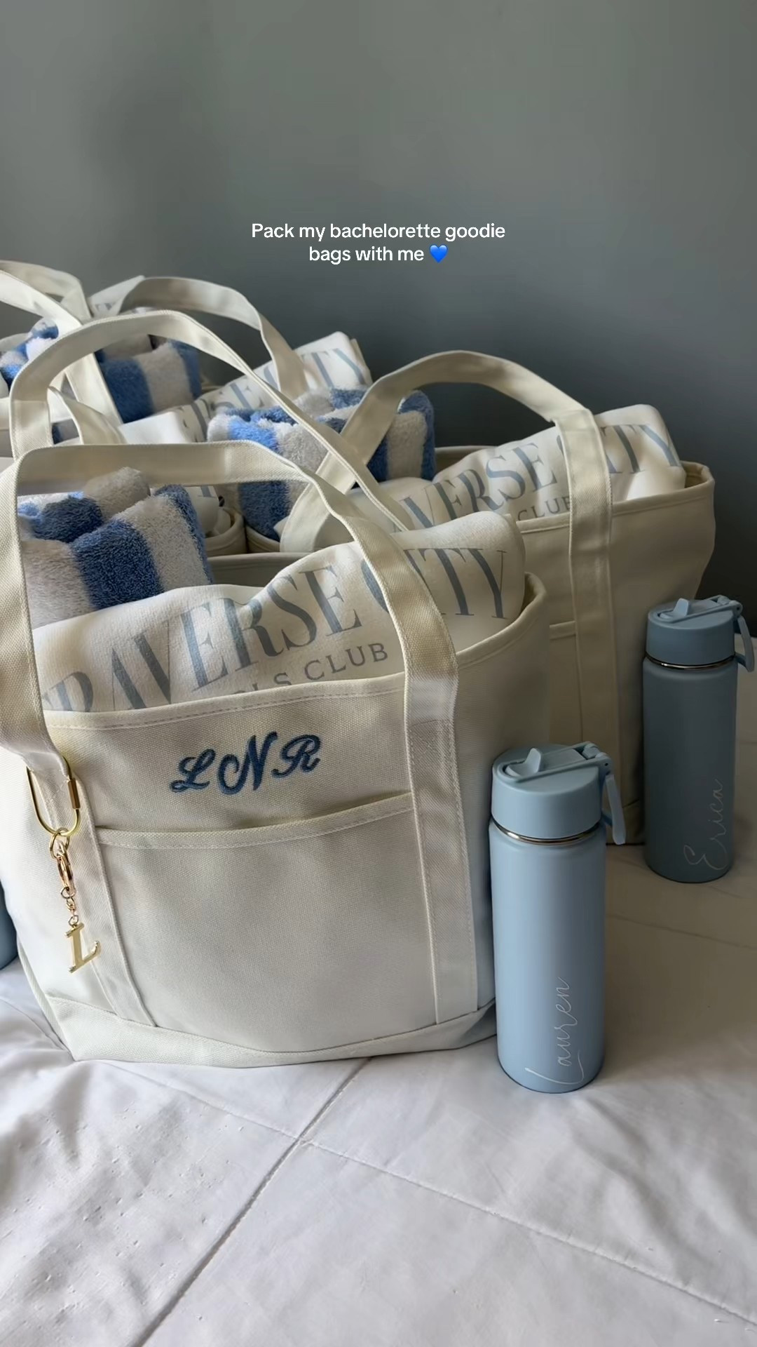 The cutest bachelorette goodie bags 🕊️🤍🫐

- Floral pjs, makeup pouches, and face washing wrist scrunchies/headband are from TikTok shop! 