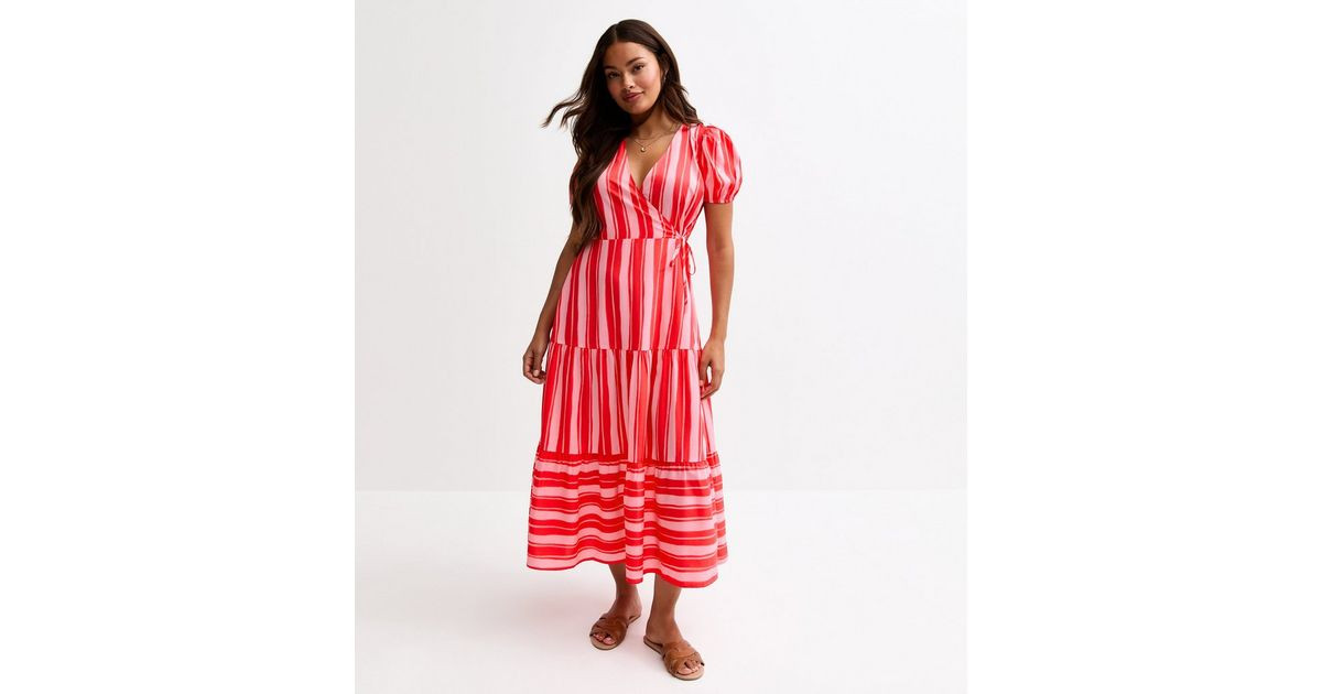 Petite Pink Striped Wrap Style Tiered Midi Dress | New Look | New Look (UK)