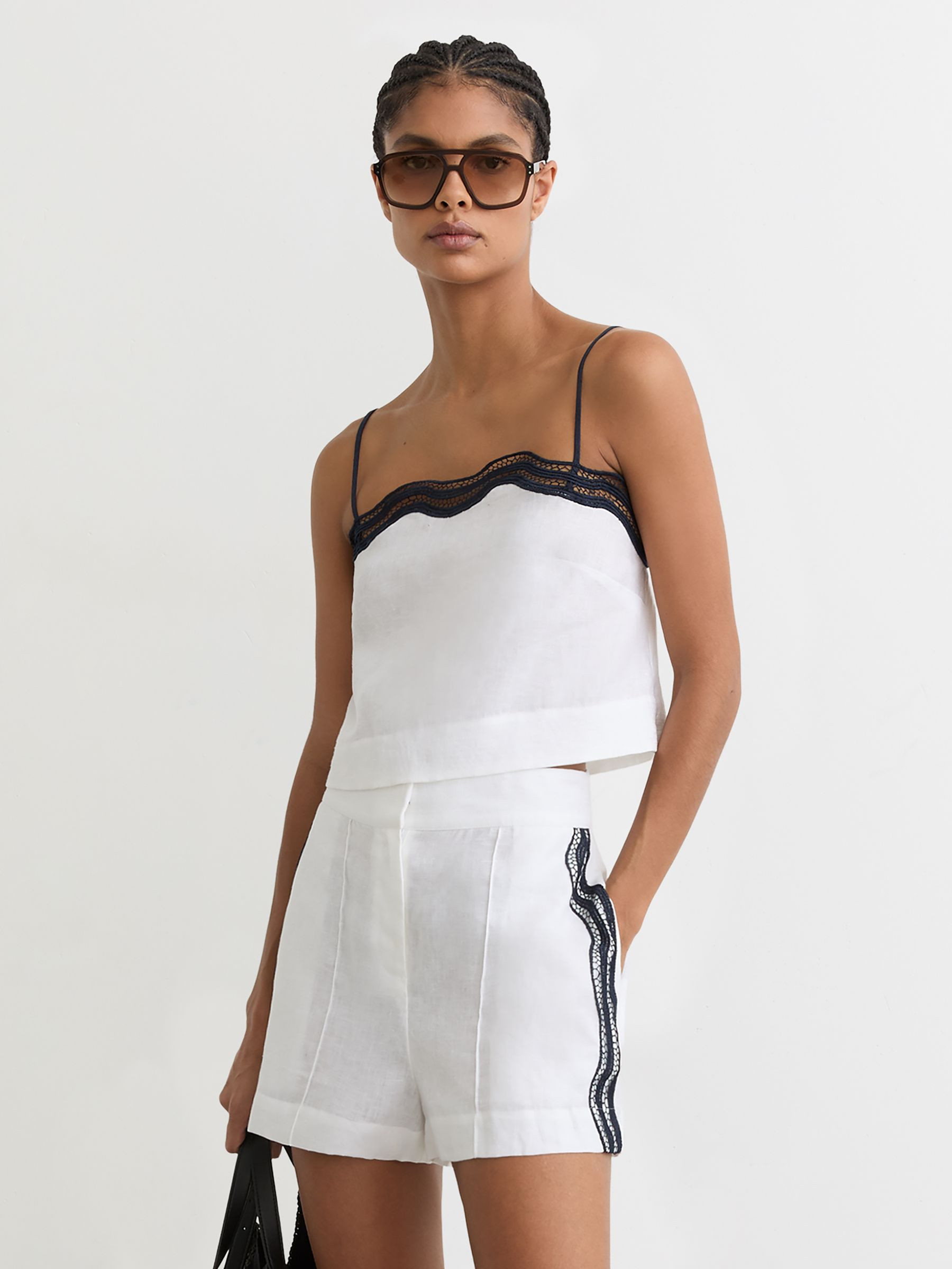 Reiss Linen Scallop-Trim Shorts in Ivory/Navy | REISS | Reiss US