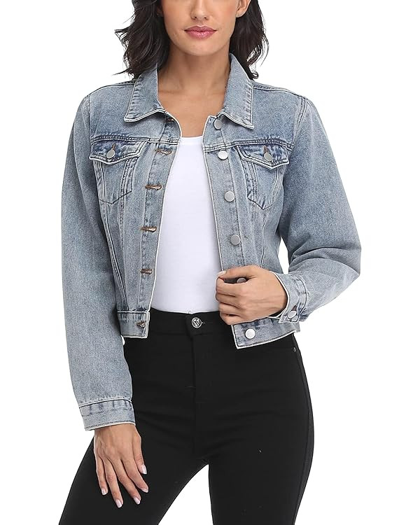 andy & natalie Women's Denim Jackets Cropped Long Sleeve Basic Button Down Crop Jean Shacket with... | Amazon (US)