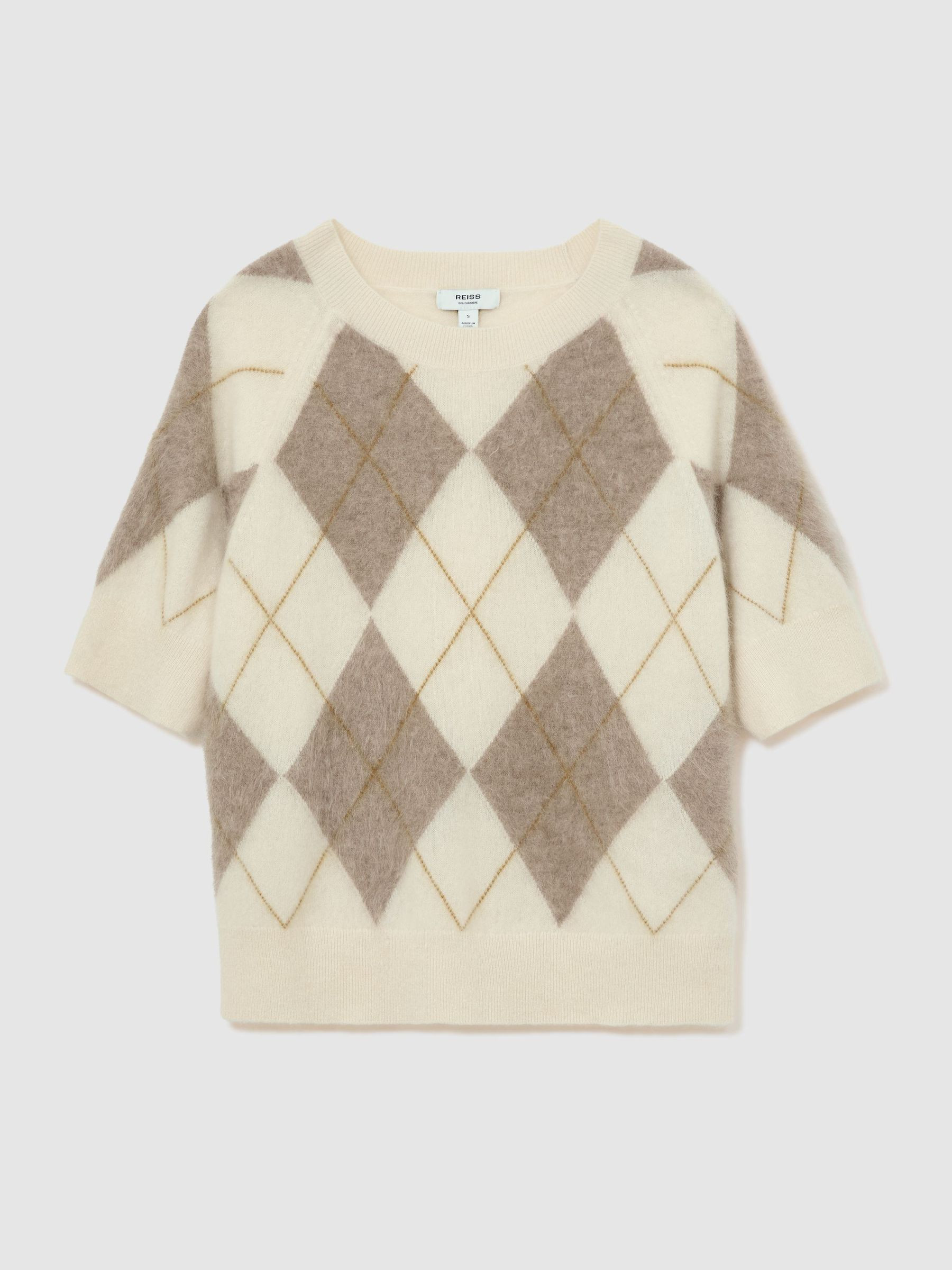 Reiss Brushed-Cashmere Argyle Knit Top in Ivory/Taupe - REISS | Reiss UK