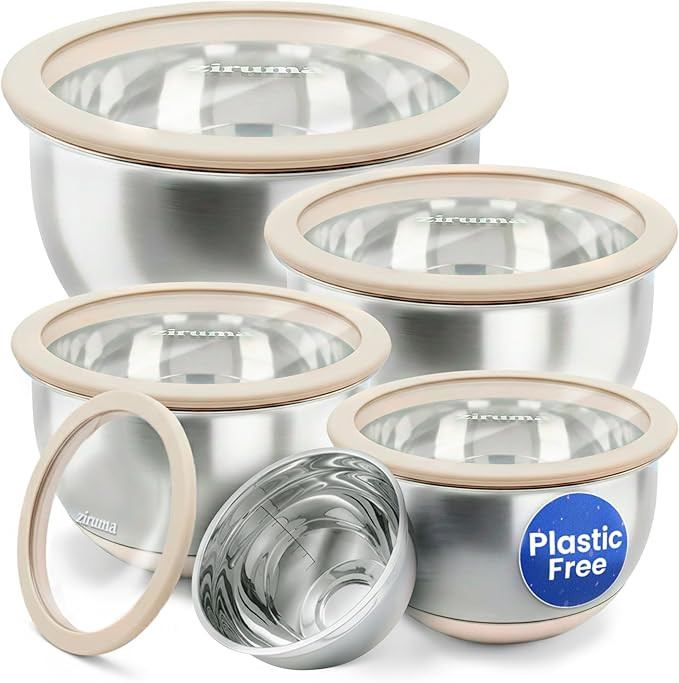 Ziruma Non-Toxic Mixing Bowls with Lids Set, Stainless Steel & Glass, 5 Pcs Plastic Free Bowls wi... | Amazon (US)