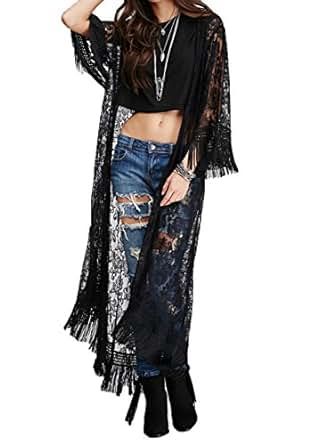 Sanifer Women Sheer Tassel Kimono Beach Cover Up Long Swim Cover Up Lace Swimsuit Cover Up | Amazon (US)