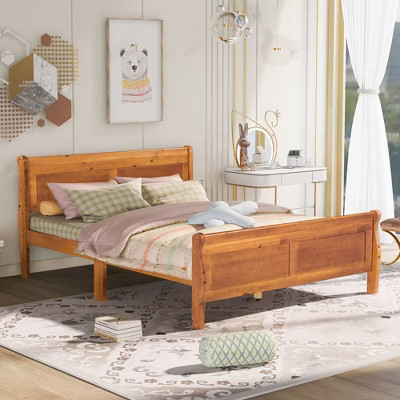 Queen Size Wood Platform Bed with Headboard and Wooden Slat Support (Oak) | Target