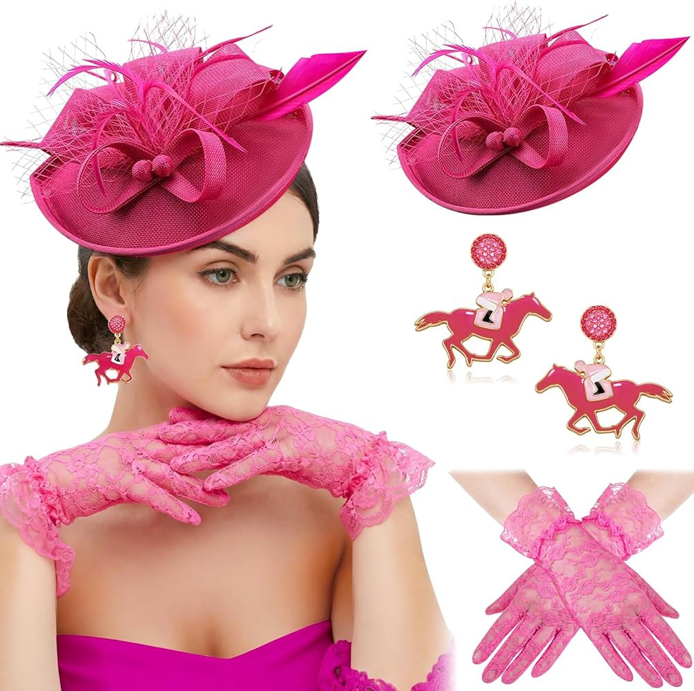Tradder 3 Pcs Derby Outfits for Women Organza Fascinator Hat Beaded Derby Earrings Gloves Tea Par... | Amazon (US)