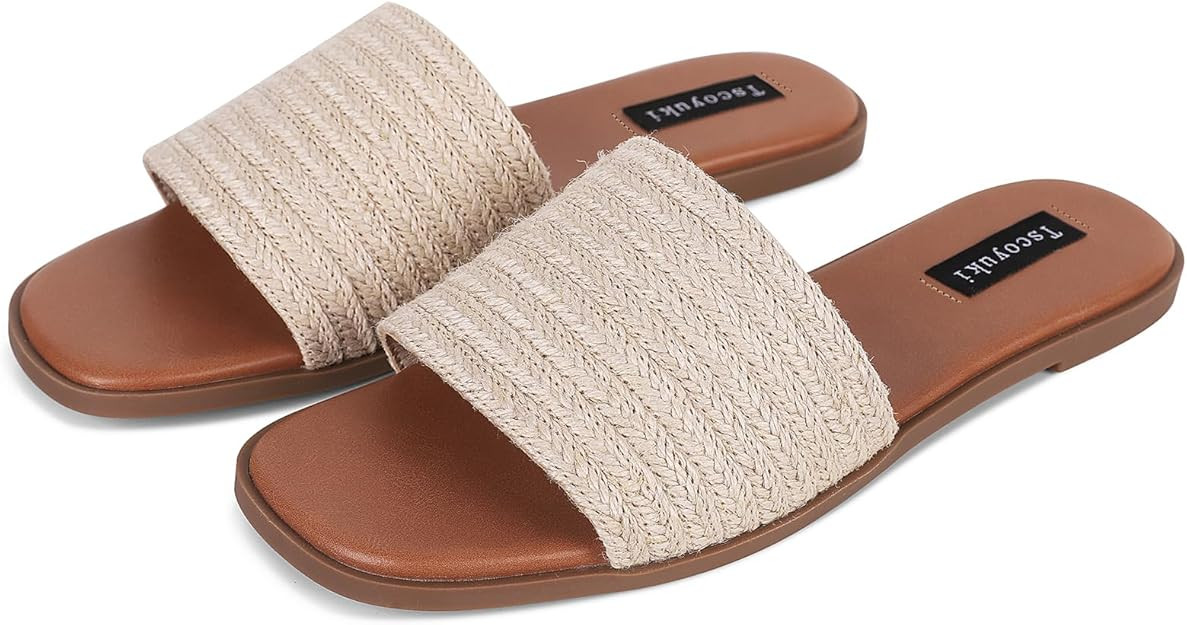 Tscoyuki Slides Sandals for Women Basic Slip On Flat Sandals Open Toe Comfort Beach Sandals Slipp... | Amazon (US)