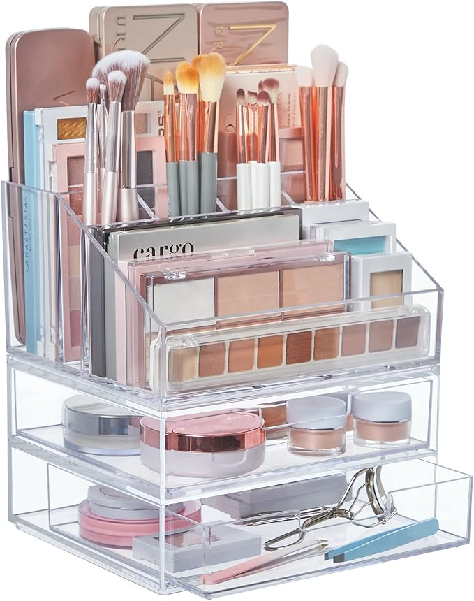 STORi Chloe Stackable Clear Makeup Holder and Double Organizer Drawer Set | Organize Cosmetics an... | Amazon (US)