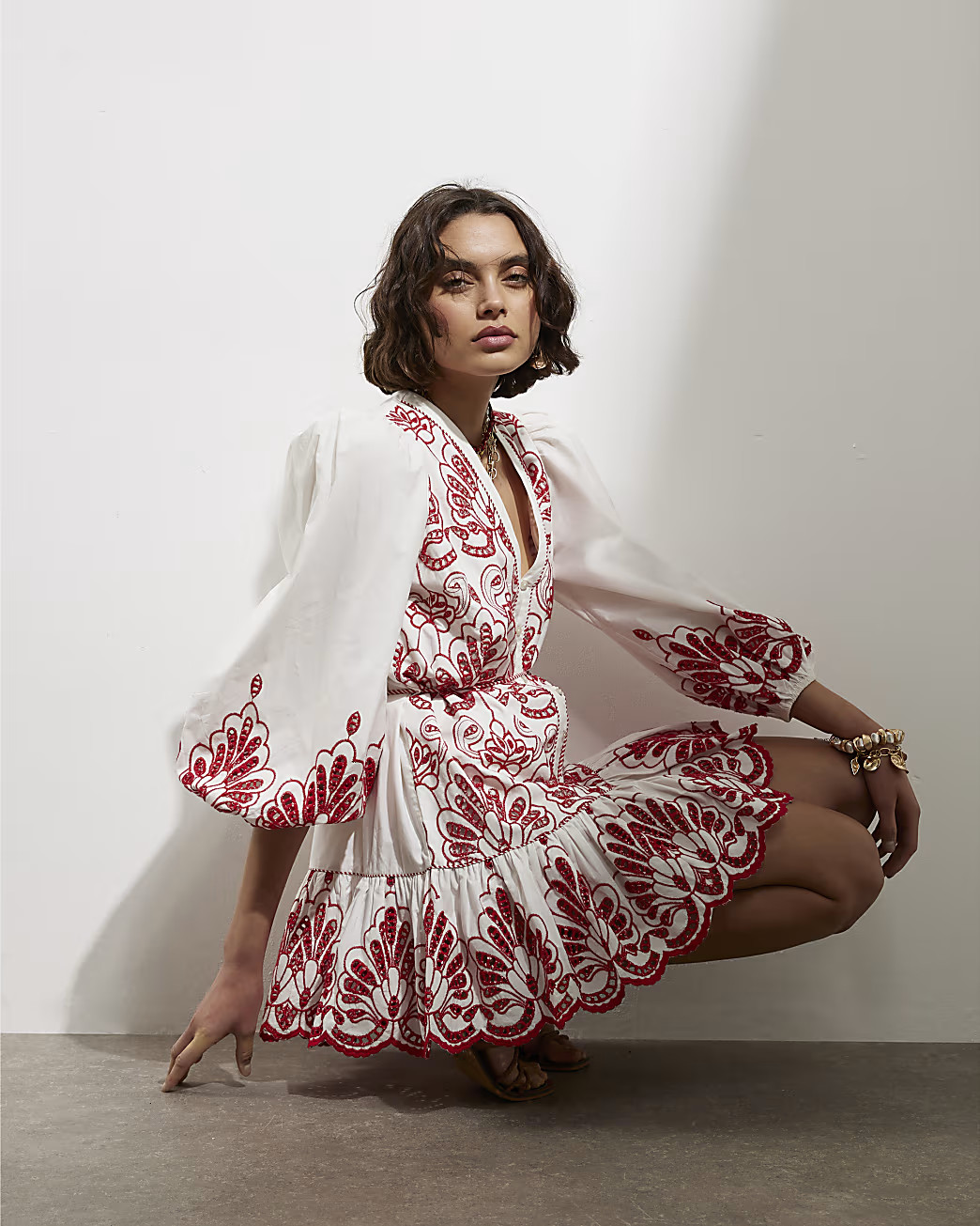 Red Long Sleeve Embroidered Shirt Dress | River Island UK & IE