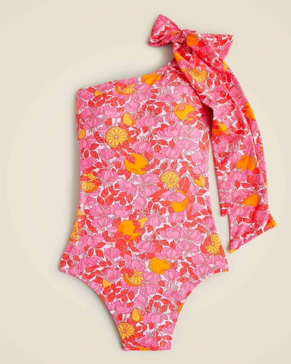 Bow one-shoulder one-piece swimsuit in pink limone print | J. Crew US