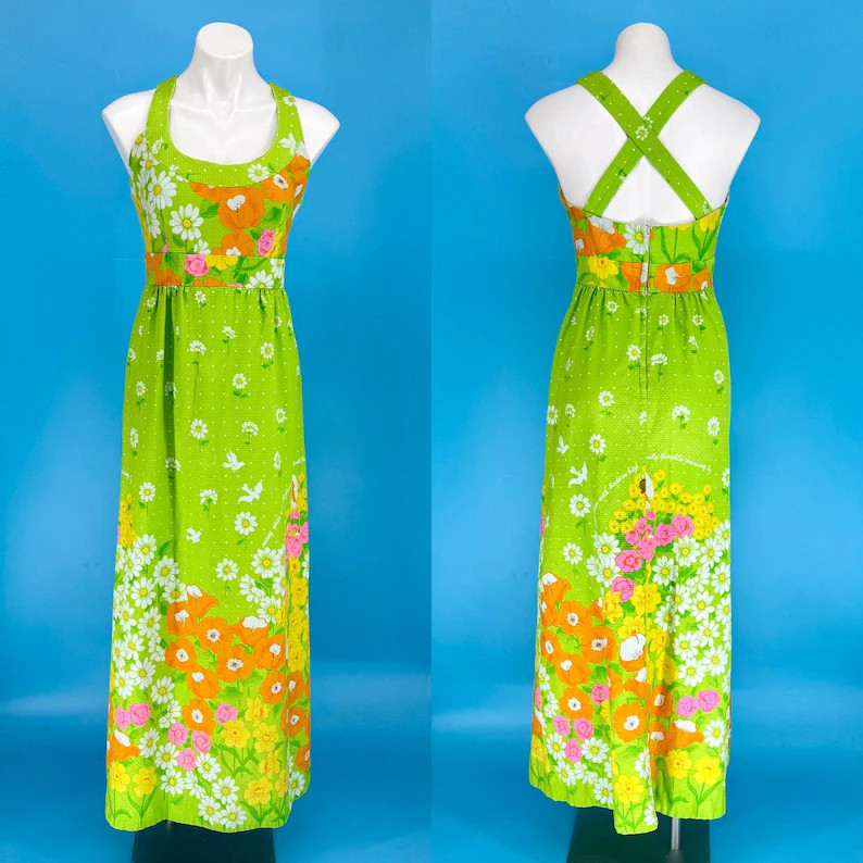 Vintage 70s Hawaiian Maxi Dress: Malia Honolulu Green Floral Print | Etsy (US)