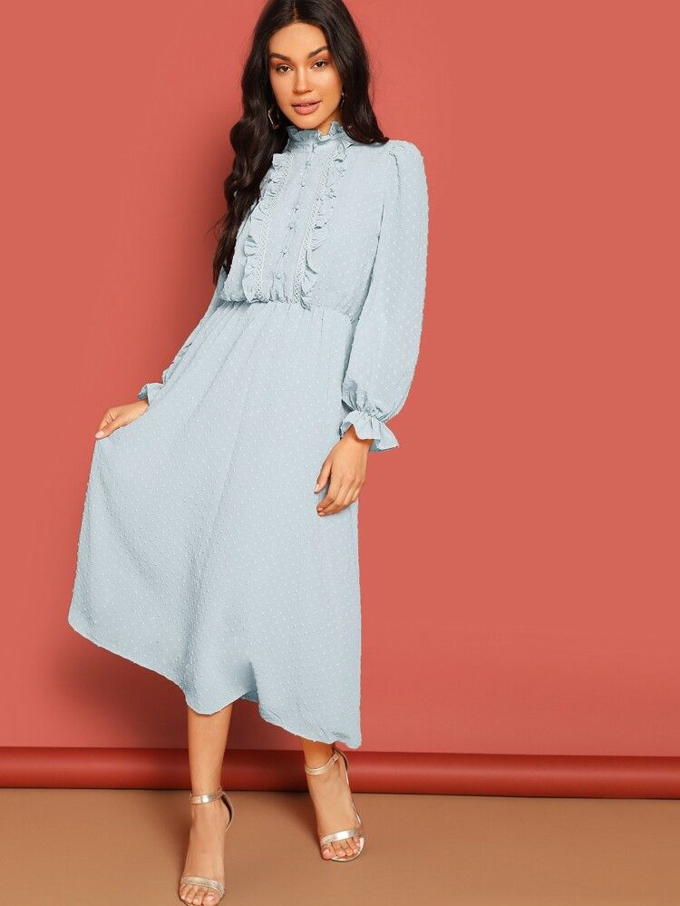 Lace and Ruffle Trim Button Front Jacquard Dress | SHEIN