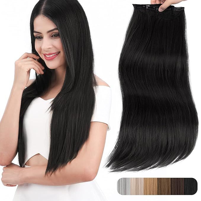 REECHO 24" Thick Long Straight 3PCS Set Clip in on Hair Extensions for Women Girls Natural Black | Amazon (US)
