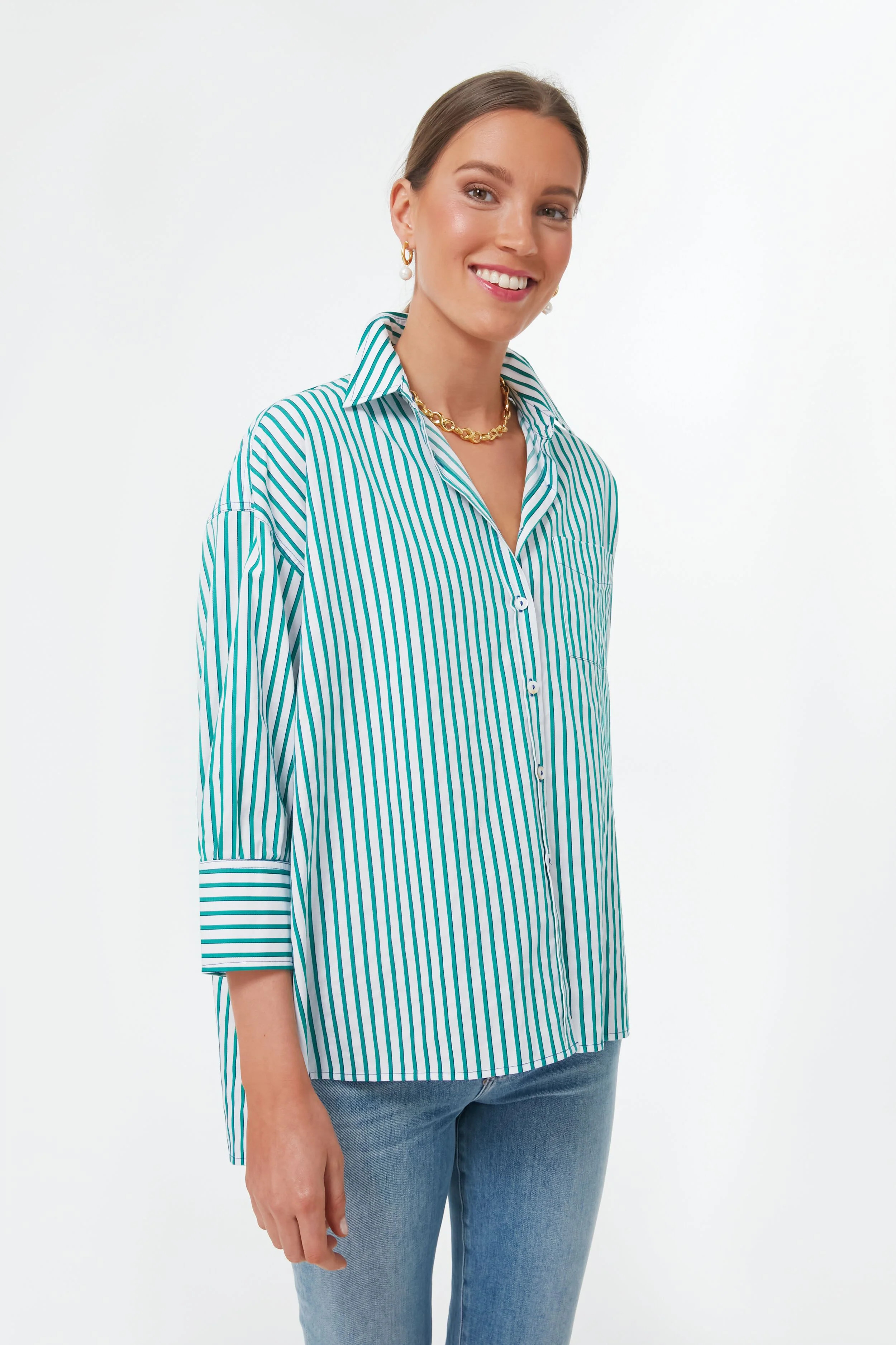 Green Striped Adair Boyfriend Shirt | Tuckernuck (US)