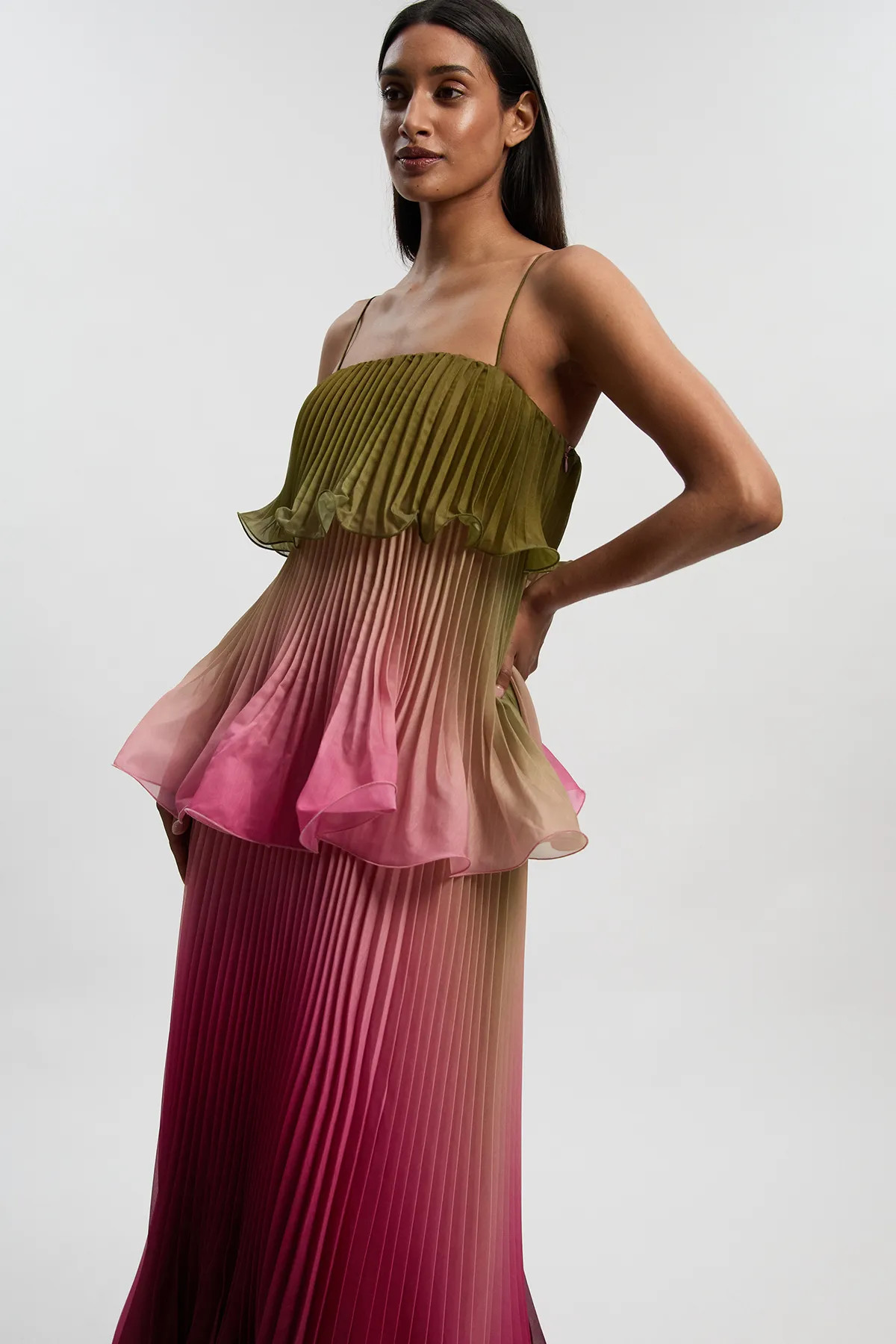 Pleated Slub Organdie Peplum Woven Maxi Dress | Karen Millen