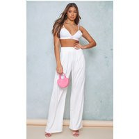 White Structured Satin Floaty Wide Leg Pants | PrettyLittleThing CAN