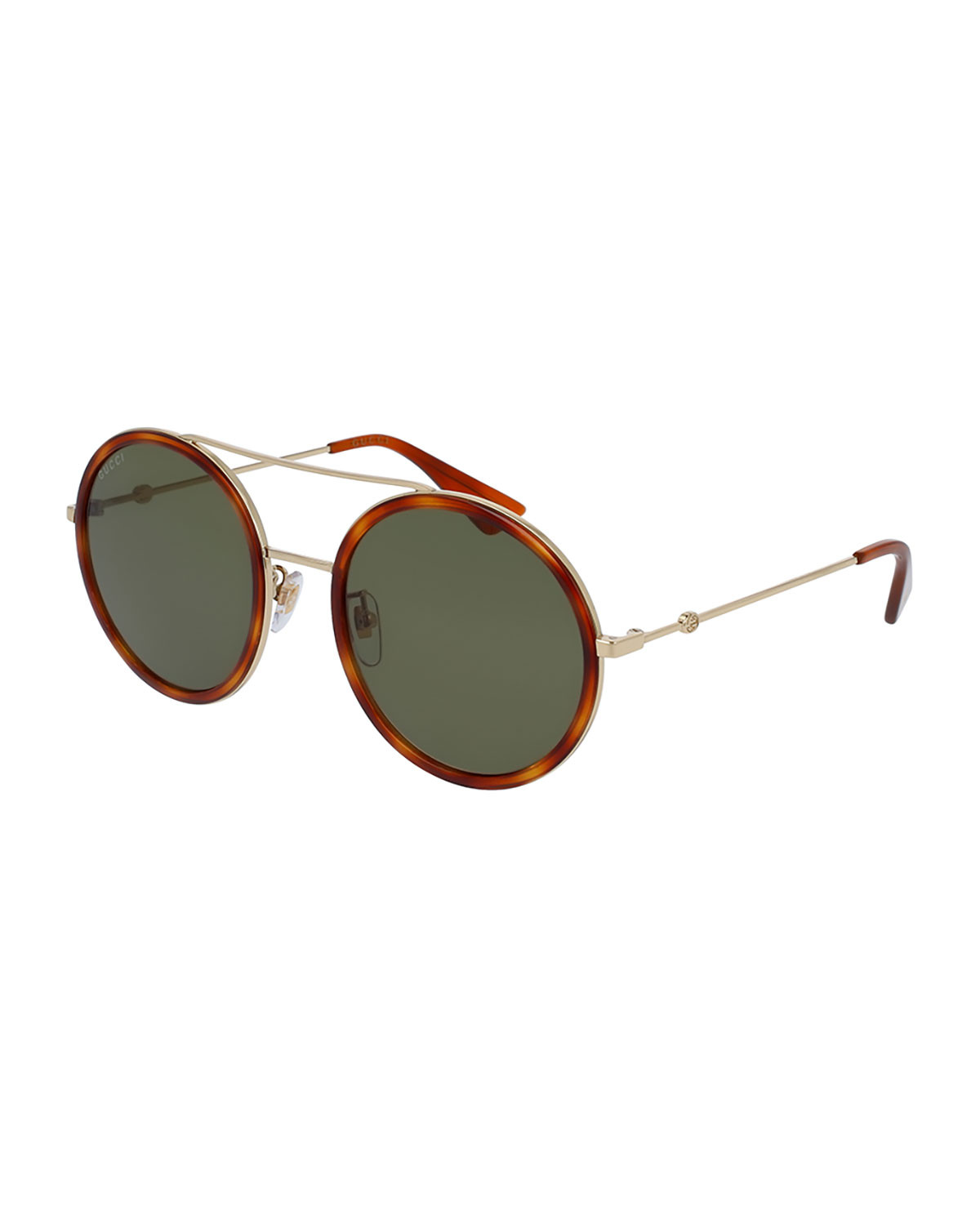 Round Acetate-Trim Metal Sunglasses, Light Tortoiseshell | Neiman Marcus