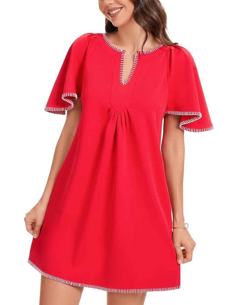 KEOMUD Women's Summer Short Sleeve Mini Dress 2025 Casual V Neck Contrast Trim Flowy Shift Dresse... | Amazon (US)